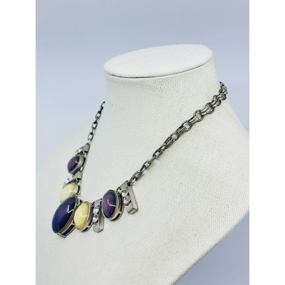 Womens Statement Necklace Iridescent Purple Yellow Cabochon Silver Tone Jewelry - Picture 4 of 9